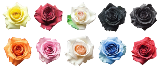 collection of ten roses. each in different colors. including yellow. red. white. black. and blue. arranged in a visually appealing manner against a white background the purpose is likely to showcase t