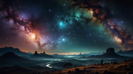 Naklejka premium Mysteriöse Weltraumlandschaft mit leuchtenden Nebeln, fernen Planeten und kosmischen Strukturen - eine faszinierende Reise durch unbekannte Galaxien