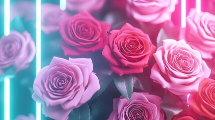 Fototapeta premium Beautiful Arrangement of Pink and Red Roses with Neon Lights for Luxurious Floral Displays or Backgrounds