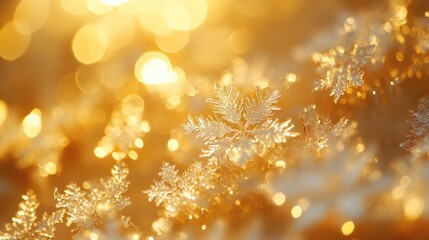 Golden bokeh background, glistening snowflakes, winter, holiday card