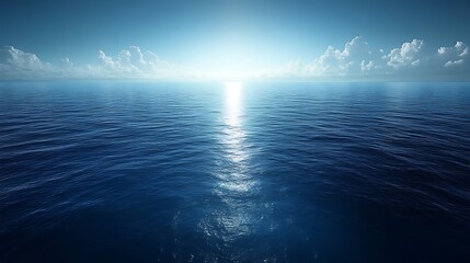 Obraz premium Serene ocean sunrise, calm water reflecting sunlight.