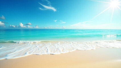 Sunny beach scene with turquoise water, white sand, and gentle waves.