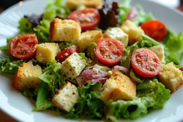 Restaurant, fresh, salad, tomatoes, croutons, feta, lunch, closeup, delicious, healthy