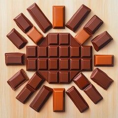 Creative Arrangement of Chocolate Bars in Circular Pattern on Wooden Surface with Bright Atmosphere
