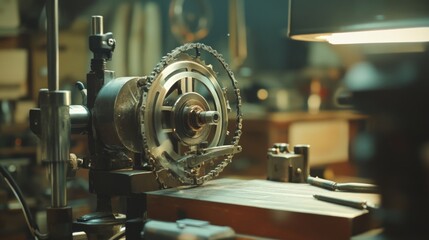 Fototapeta premium A vintage workshop scene with intricate machinery under soft, focused light, creating a sense of engineering nostalgia and craftsmanship.