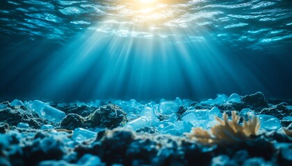 Naklejka premium Environmental crisis in the ocean, plastic waste polluting marine habitats, devastating effect on marine life, aquatic ecosystem destruction