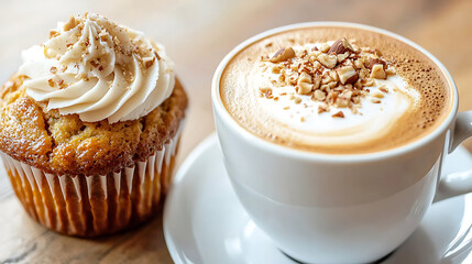 delicious cupcake beside creamy cappuccino topped with nuts, perfect for cozy treat