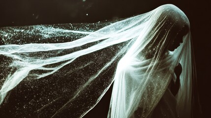 Fototapeta premium A mysterious figure draped in an airy, shimmering veil converges with the darkness, exuding ethereal beauty and intrigue.