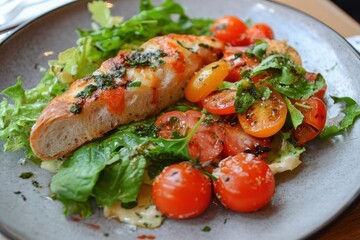 Grilled bread, tomato salad, restaurant lunch