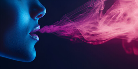 Exhaling Dreams: A profile of a woman's face, illuminated in cool blue tones, as she exhales vibrant pink and purple smoke, creating a surreal and artistic image.