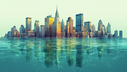 Fototapeta premium Illustration of city under water, buildings and streets submerged by rising sea levels, urban submersion and climate change impact
