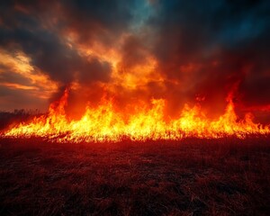 Naklejka premium Intense wildfire burning at sunset, fiery sky and blazing flames, global warming and climate change crisis, environmental destruction