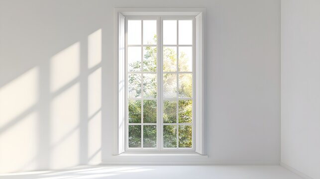 A narrow window with a long vertical frame, offering a serene view against a white background.