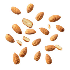 collection of almonds scattered across a white background. showcasing their natural texture and color some almonds are whole. while one is sliced. revealing the inner nut this composition highlights t