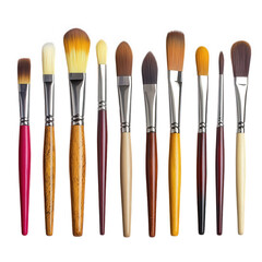 collection of paintbrushes arranged in a row. showcasing various shapes and sizes. ideal for artists and crafters the brushes have wooden and synthetic handles. with different bristle types suitable f