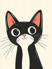 Curious Kitty Portrait: A charming illustration of a black and white cat with big, round eyes, a pink nose, and an adorable smile, looking upwards with an air of curiosity.