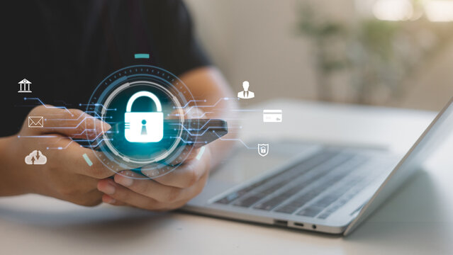 Cyber security and data protection on the internet. A person touching virtual shield, secure access, encrypted connection. Password-protected system and storage. Cybersecurity technology.