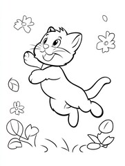 Playful Kitten Leap: An adorable cartoon kitten joyfully leaps amidst a shower of flowers and leaves, a charming illustration perfect for children's books, coloring pages, or whimsical designs. 