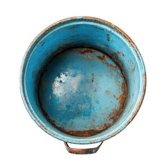 an old. rusty blue metal bucket viewed from above. showcasing its worn interior and weathered surface. suggesting it has been used for various purposes over time