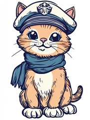 Captain Kitty: An adorable cartoon kitten, dressed in a nautical captain's hat and scarf, sits cheerfully.  The illustration is perfect for children's books, greeting cards or websites