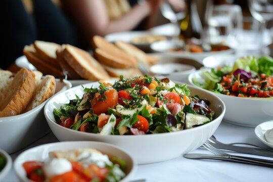 Restaurant table setting, salads, bread, lunch, gathering