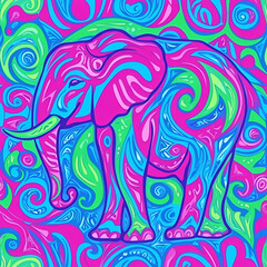 Fototapeta premium Psychedelic Elephant: A vibrant, abstract illustration of an elephant standing against a backdrop of swirling, psychedelic patterns, featuring vibrant pink, blue, and green colors.