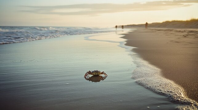 A lonely crab wanders along a serene, sandy beach at sunset, embodying solitude and the vast, tranquil beauty of the seaside.
