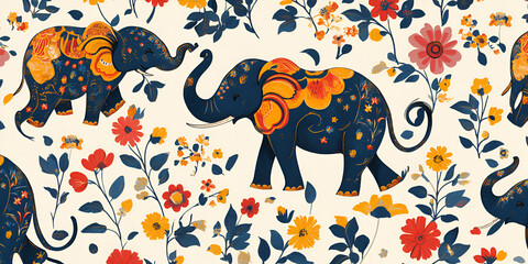 Indian Elephant Floral Pattern 