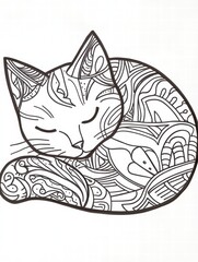 Cat Mandala: A peaceful and intricate mandala design depicting a sleeping cat. Its detailed lines and swirls offer a calming and creative coloring opportunity.