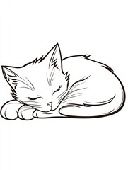 Sleeping Kitten Line Art: An adorable illustration of a kitten curled up in peaceful slumber, captured in simple yet expressive line art. Perfect for coloring books, children's illustrations.