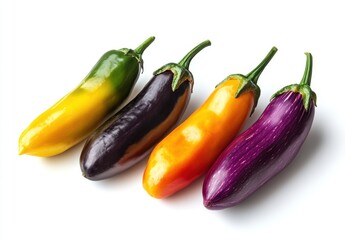 Colorful Variety of Fresh Eggplants Displayed on a White Background Perfect for Culinary Use and Healthy Eating Concepts