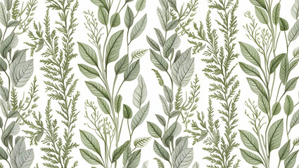 Fototapeta premium Green plant and leafs pattern. Pencil, hand-drawn natural illustration