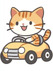 Happy Cat Driving a Car: An adorable cartoon cat enjoys a ride in a cute yellow car. This cheerful illustration is perfect for children's books, greeting cards.