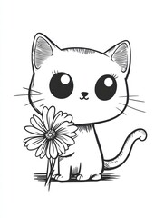 Fototapeta premium Adorable Kitten with Daisy: A charming black and white illustration of a cute kitten holding a daisy. Perfect for coloring books, children's books.