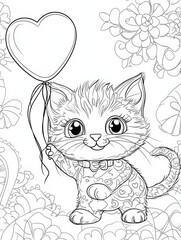 Kitten with Heart Balloon: A charming kitten with large eyes, a playful smile, and a heart-shaped balloon  stands amidst a delicate floral pattern, perfect for coloring pages and whimsical projects. 