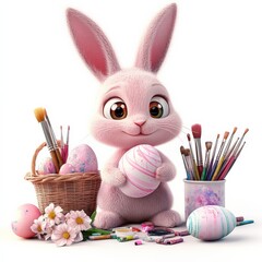 A cute pink bunny poses with a beautifully painted Easter egg amidst colorful art tools and sparkling eggs.