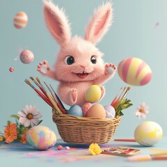 A joyful pink bunny surrounded by bright, decorated Easter eggs and art supplies, capturing the festive spirit of Easter.