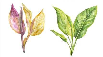 Vibrant Tropical Watercolor Foliage Set for Versatile Design, Featuring Palm and Banana Leaves on White Background