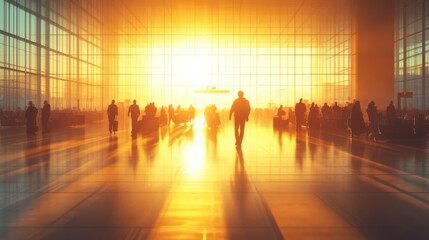 Airport sunrise, passengers walking, terminal, backlit