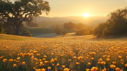 Sunset Golden Poppies Field, Hilly Landscape, California