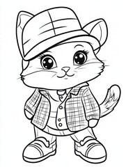 Stylish Cat Coloring Page: An adorable cartoon cat, dressed in a cool cap and plaid jacket, ready for your creative touch.  Perfect for kids' coloring books and activities. 