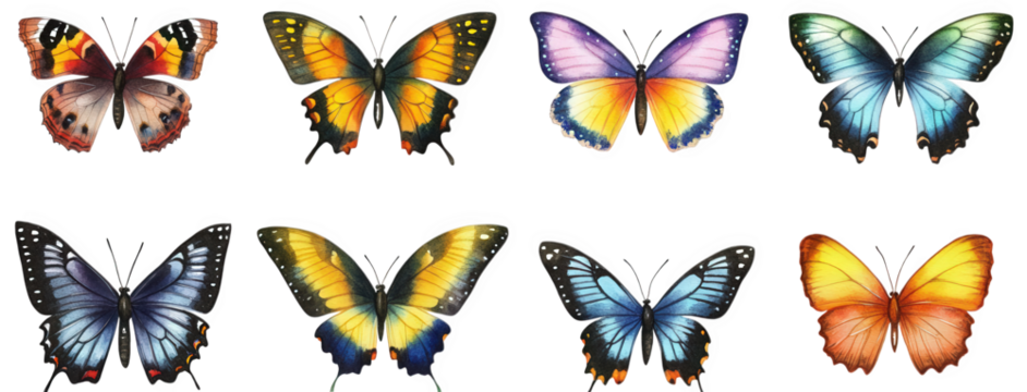 collection of eight beautifully illustrated butterflies. showcasing a variety of colors and patterns each butterfly is distinct. highlighting the diversity of these insects the artwork serves as an ed