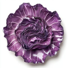 Obraz premium Elegant Purple Cabbage Sculpture Displayed on a White Background, Showcasing Intricate Petal-Like Layers and Glossy Surface Finish Perfect for Culinary and Art Themes