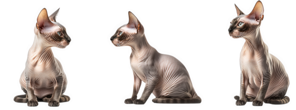 three views of a sleek. hairless cat with prominent ears and expressive eyes. showcasing its unique appearance and form the cat is posed against a plain white background. emphasizing its distinct feat