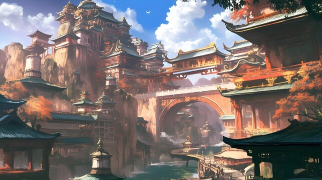Ancient Chinese palace building with a sense of mystery and grandeur in anime style