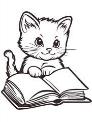 Curious Kitten: A playful kitten with big, bright eyes sits with a book, engaging in a whimsical and adorable scene that celebrates imagination and a love of learning.  