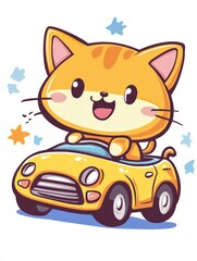 Happy Cat in Yellow Car: An adorable cartoon ginger cat with big, cheerful eyes drives a bright yellow convertible, radiating pure joy and playful energy.