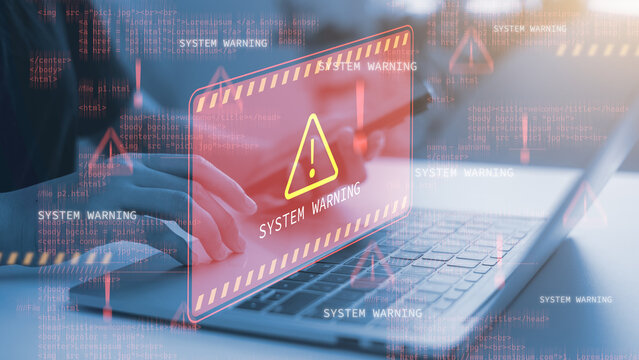 System warning error popup and maintenance showing. Operation system boot-up failure. Cybersecurity technology, system warning on hacked alerts.