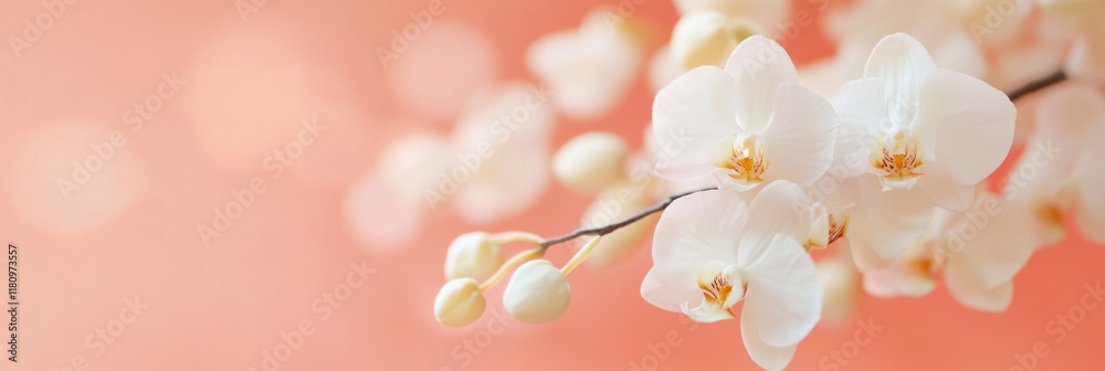 Poster delicate white orchids bloom against soft pink background, creating serene atmosphere