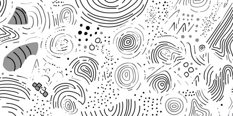 Abstract Whimsical Pattern: A playful monochrome design featuring a variety of hand-drawn shapes, lines, and textures, creating a visually engaging and abstract background.